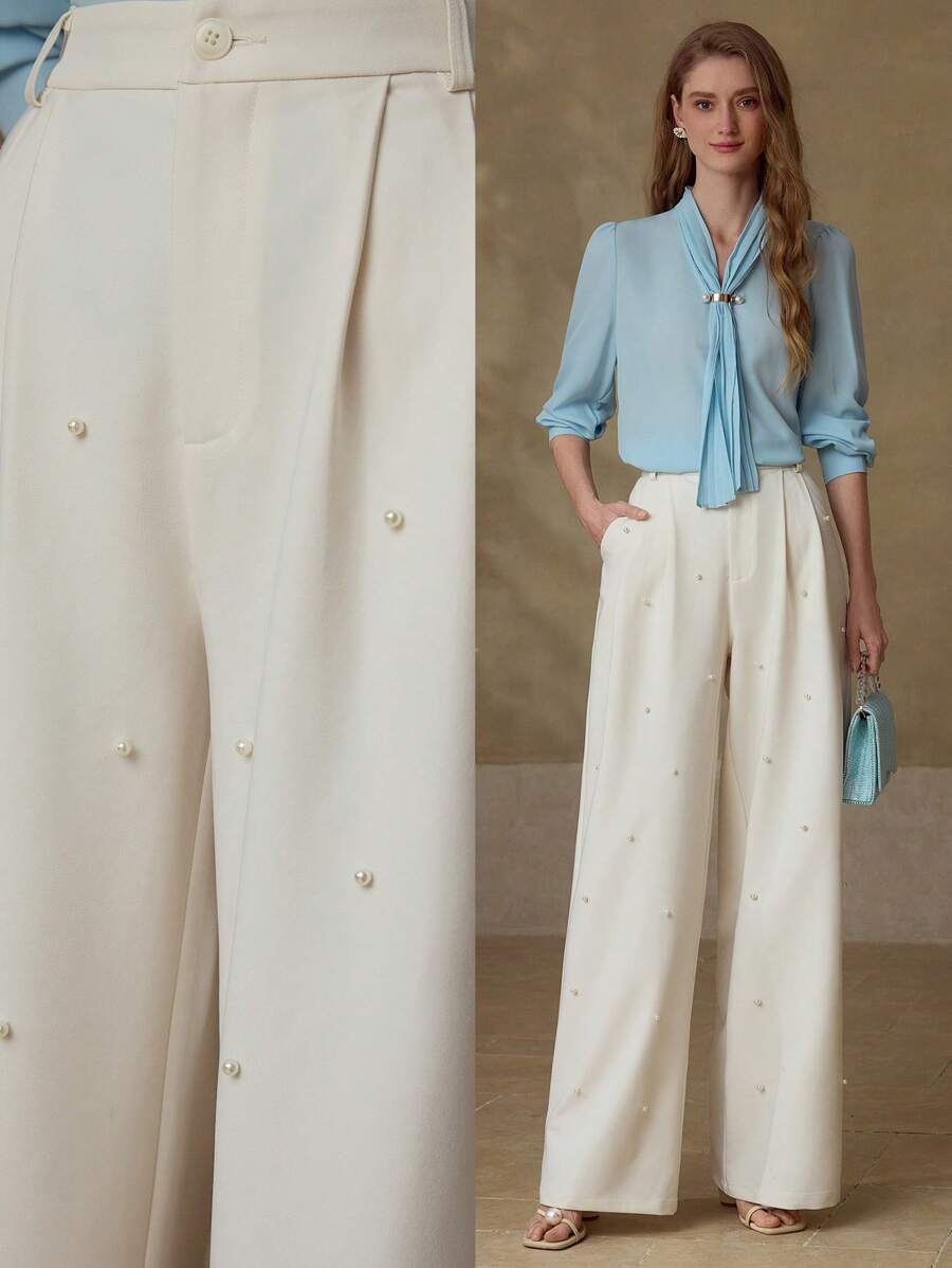 MOTF PREMIUM FAUX PEARL FOLD PLEATED SUIT PANTS - Beige - View 1