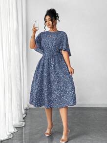 Elenzga 加大码女式碎花圆领荷叶边袖腰 A 字中长连衣裙，优雅户外穿着 - 藍色 - 查看 3