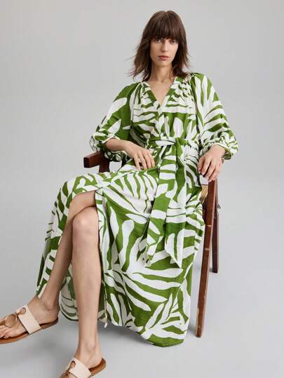 Ontre 女士教师节连衣裙，宽松版型，系带腰部，舒适休闲风格，抽象花卉印花，女士长款超长连衣裙，中袖，圆领，系带腰部，灯笼袖，七分袖，喇叭裙，舒适休闲装，春夏，日常穿着，2025年新品