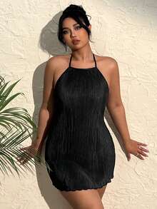 Comfortcana Plus Solid Halter Neck Backless Dress - Black - View 8
