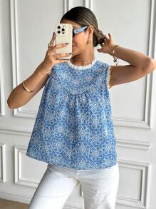 SHEIN Frenchy Áo sơ mi nữ rộng rãi họa tiết hoa tua rua, mùa hè - Màu xanh lam - Xem 4