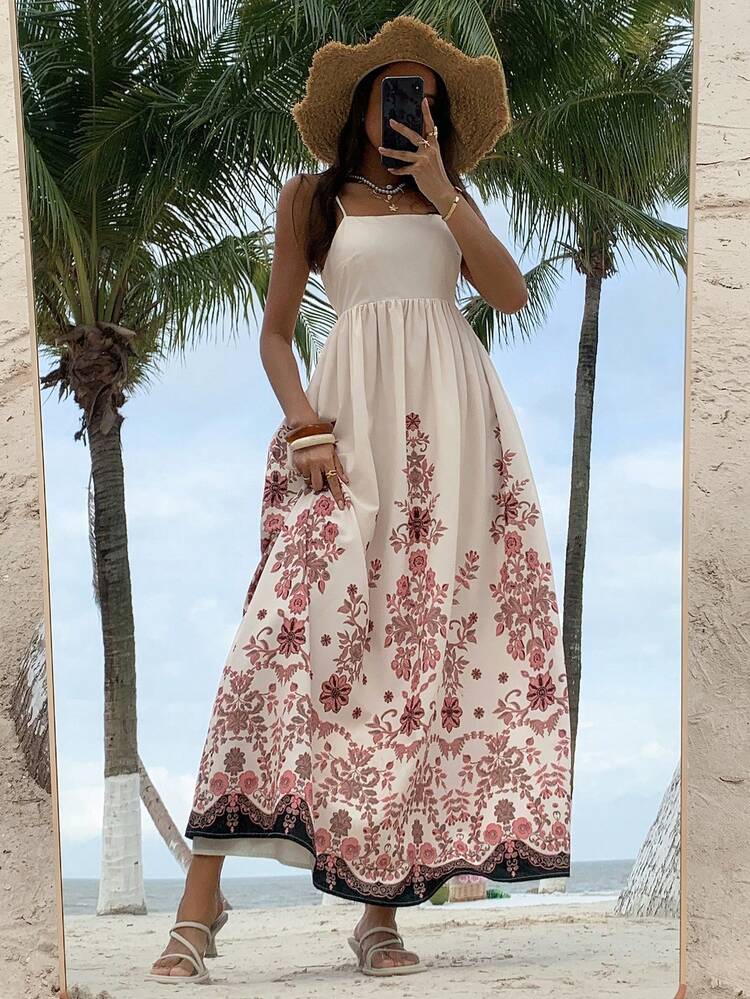 Women's Cinched Waist Floral Print Beach Dress, Summer Cruise Outfit For Women Boho