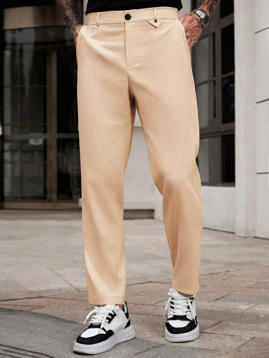 Manfinity Homme Men's Solid Color Pocket Straight Loose Casual Formal Suit Pants - Khaki - View 1