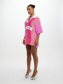 SUMWON WOMEN Crochet Oversized Polo Collar Pullover Mesh Knit Beach Top Summer Vacation Resort Holiday Casual Wear,Tops For School