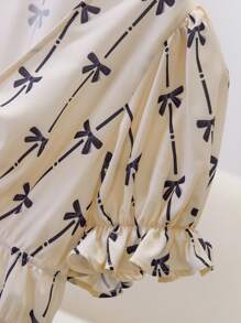 CosyJoli Plus Size Women's Summer Bow Print Front Tie Short Puff Sleeve Shirt