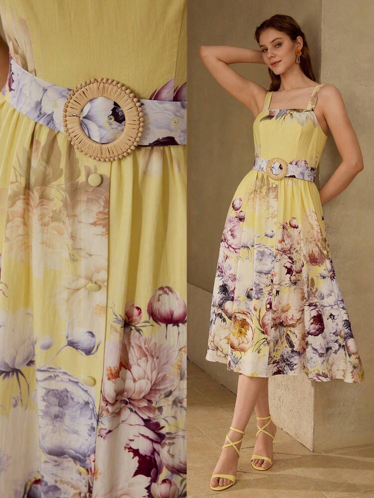 LINEN BELTED FLOWER PRINT DRESS