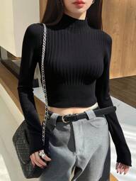 Dazy Star 여성 솔리드 컬러 골지 캐주얼 풀오버 스웨터, 긴소매 탑, 개학 의류 크롭 여성 탑 가을