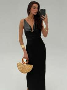 Aloruh 女式纯色简约深V领无袖连衣裙 - 黑色 - 查看 7