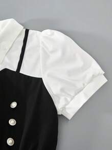 Sweetra Young Teen Girls Contrast Color 2 In 1 Short Puff Sleeve Summer Dress