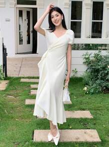 SHEIN LUNE 女士荷叶边下摆纯色修身连衣裙 - 白色 - 查看 4