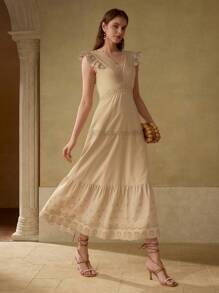 MOTF PREMIUM VÁY MAXI CỔ CHỮ V VIỀN REN SỌC, MÀU KHAKI - Màu Khaki - Xem 1