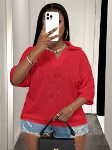 Slaydiva تريكو بيج فضفاض بفتحة رقبة على شكل حرف V وأكتاف منسدلة وتفاصيل دانتيل مفرغة للسيدات ذوات المقاسات الكبيرة، للربيع والصيف