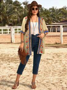 EMERY ROSE جاكيت قصير بأكمام قصيرة مفتوح الأمام مزين بطبعات زهرية وكشكشة، مناسب للعطلات الصيفية، هدايا للأمهات، طراز بوهيمي، عطلة الربيع، الرقص، الريف