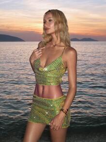 SHEIN ICON 2pcs Summer Halter Neck Backless Hawaii Beach Vacation Party Going Out Concert Olive Green Sequin Sexy Glitter Women Two Pieces Outfits For Daily Wear - Green - View 4