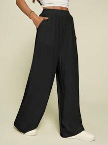 SHEIN Tall 净色斜口袋亚麻阔腿裤 - 黑色 - 查看 8