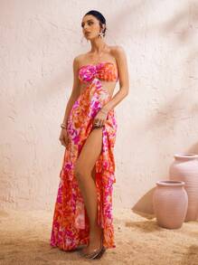 Swim Oasis Women's Floral Print Halter Cut-Out Back Long Ruffle Hem Elegant Loose Vacation Dress,Yellow, Red, Halter, Resort, Clashing, Cutout, Mature, Ruffled, Pumped, Dress, Split
