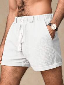 HIMLAND 男士休闲抽绳腰部编织双层泡泡纱宽松短裤（带腰带环） - 白色 - 查看 5