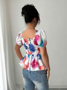 Elenzga Women Elegant Floral Print Square Neck Pleated Bust Ruched A-Line Top - Multicolor - View 2