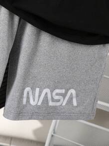 SHEIN 1 套青少年男童撞色圆领短袖上衣和短裤两件套休闲运动装，夏季 - 灰色 - 查看 3