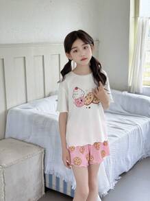 SHEIN Bộ đồ ngủ 2 món in họa tiết món tráng miệng dễ thương cho bé gái tuổi mới lớn, cổ tròn, tay ngắn, viền bèo nhún, thoải mái, đồ ngủ mùa hè - Màu Hồng baby - Xem 3