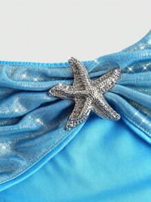 ROMWE Fairycore Women's Mermaid Vacation Style Metallic Star Decor Hollow-Out Shiny Fabric Jumpsuit - Blue - View 3