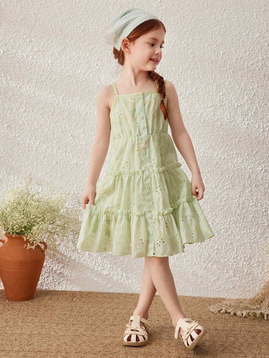Blossori Young Girls' Country-Style Beige Hollow Embroidered Voile Sleeveless Dress - White - View 1