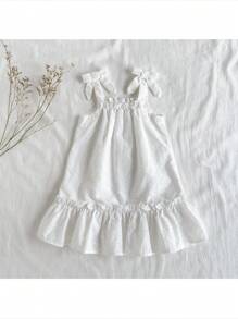 Loomiva Baby Girl Solid Color Embroidered Hollow-Out Square Neck Slip Dress - White - View 1