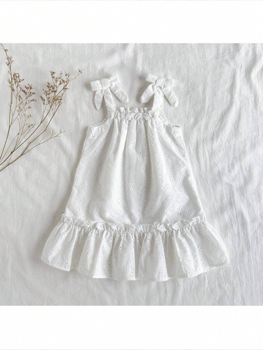 Loomiva Baby Girl Solid Color Embroidered Hollow-Out Square Neck Slip Dress - White - View 1