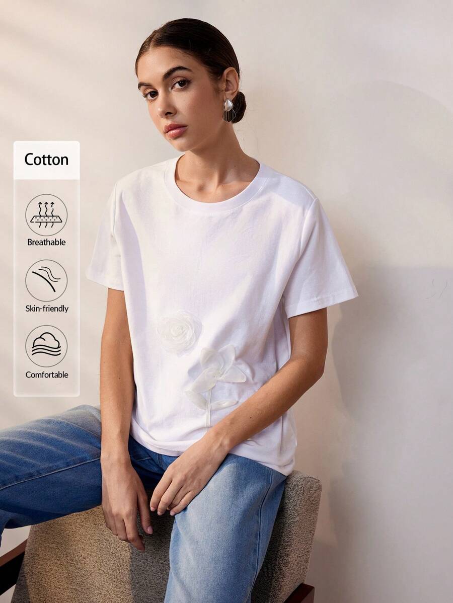 Uhlyne Summer Women's Elegant Floral 3D Print T-Shirt - White - View 1