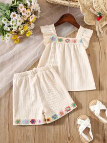 SHEIN Baby Girl Country Style Embroidered Square Collar Ruffle Trim Cap Sleeve Top And Shorts Set - Apricot - View 2