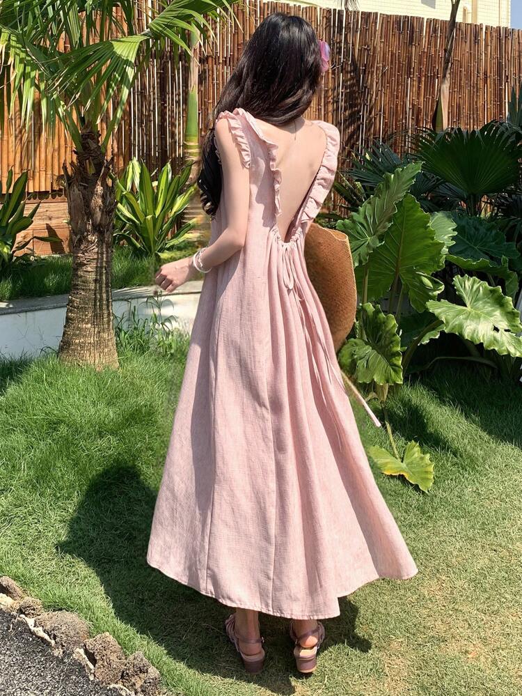 Women Summer Vacation Beach Frill Trim Backless Loose Sleeveless Elegant Dress Spaghetti Strap Tank Dress