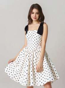 Vestido mini de verano elegante para adolescente con estampado de lunares, correa ajustable, decoración de lazo, ajuste delgado, adecuado para fiestas, para niñas de talla pequeña - Blanco y Negro - Ver 8