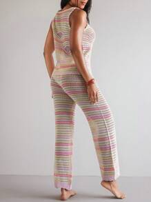 SHEIN Swim Women's Elegant Pink Striped Tie Front Knitted Cover Up, Beach Cover-Up For Summer Beach Vacation