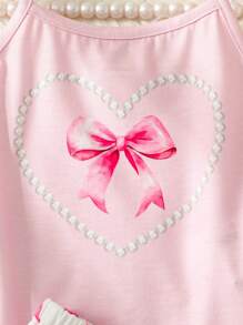 SHEIN Juego de prendas de dormir casuales de verano para niña de 2 piezas con short con tirantes y decoración de lazo