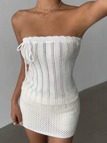 Aloruh Vestido tubo de unicolor para mujer con lazo, vestido mini de punto para el verano - Blanco - Ver 4