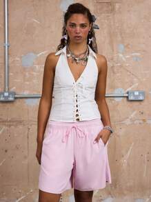 COUREZ Canottiera con lacci, top di lino estivo per donna, outfit estivi casual, abbigliamento da uscita, stile vintage Y2K
