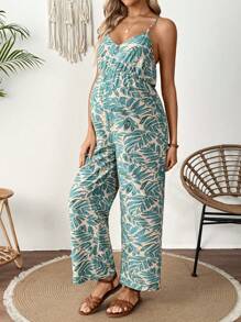 SHEIN Tropical Plant Print Jumpsuit For Pregnant Women, Vacation Wear - Green - View 3