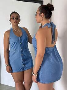 SHEIN EZwear Plus Size Solid Color Front Button Halter Backless Sleeveless Denim Dress - Light Wash - View 2