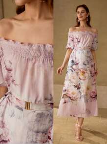 MOTF PREMIUM LINEN FLORAL PRINTED OFF SHOULDER MIDI DRESS - Pink - View 8