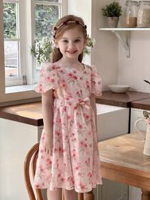 SHEIN Young Girls Elegant Pink Ditsy Floral Puff Sleeve Dress - Multicolor - View 4