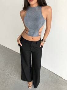 Aloruh 女士圆领无袖镂空细肩带金属线音乐节露脐性感背心 - 銀色 - 查看 3