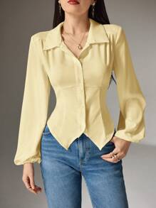 Heiryn 女士纯色系带优雅休闲长袖衬衫 - 黃色 - 查看 3
