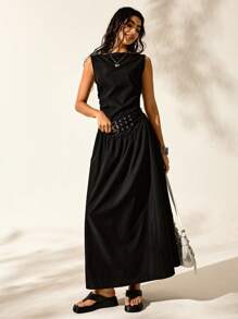 Easelle 女式休闲简约复古船领无袖长裙，黑色，适合春夏季 - 黑色 - 查看 5