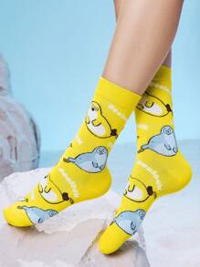 SEALOOK X SHEIN 3 Pasang Kaos Kaki Wanita Motif Kartun Lucu, Lembut, Menyerap Keringat, dan Bernapas, Ujung dan Tumit Diperkuat, Desain Unisex untuk Semua Musim dengan Motif Garis-garis, Lautan, dan Anjing Laut - MultiWarna - View 5