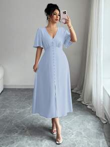 Elenzga Women's Rayon Bamboo Fiber Elegant Vacation Afternoon Tea Party V-Neck Front Button A-Line Front Slit Flared Sleeve Tied Waist Bow Short Sleeve Mid-Length Dress, Spring/Summer