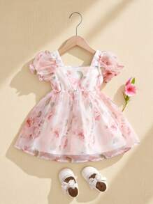 SHEIN Baby Girls Rose Print Organza Puffed Sleeve Dress, Summer Girl Clothes Dress Baby Girl Clothes Girl Summer Dress Baby Girl High Quality Clothing Baby Girl Clothes Dress Baby Girl Clothes Dress Elegant Dresses For Baby Girl Dresses For S Dress Fashion Elegant Baby Girl - Multicolor - View 6