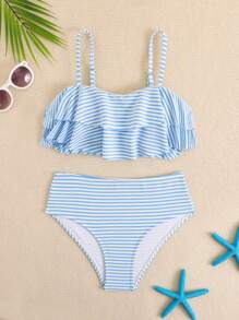 Tween Girl Striped Print Ruffle Trim Camisole & Tankini Set - Multicolor - View 1