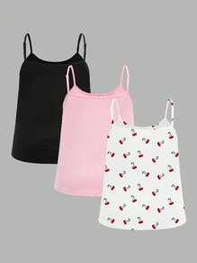Comfortcana 3 件加大码女式纯色蝴蝶结和樱桃图案褶皱宽松吊带背心，可调节肩带，适合春夏季 - 彩色 - 查看 2
