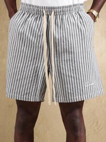 SUMWON Weekend Linen Feel Cotton Blend Bermuda Lounge Shorts Regular Fit Drawstring Waist Summer Spring Vacation Holiday Bottoms - Blue - View 7