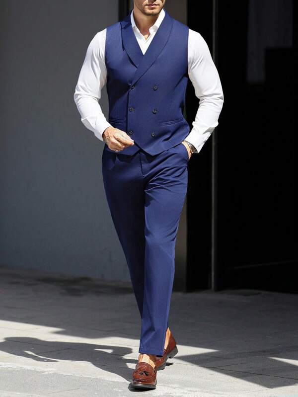 Manfinity Bizformal Men's Vest Suit Set, Slim Fit Korean Style Suit Vest Casual Business Professional Outfit Suitable For Groomsman, Wedding Formal Waistcoat